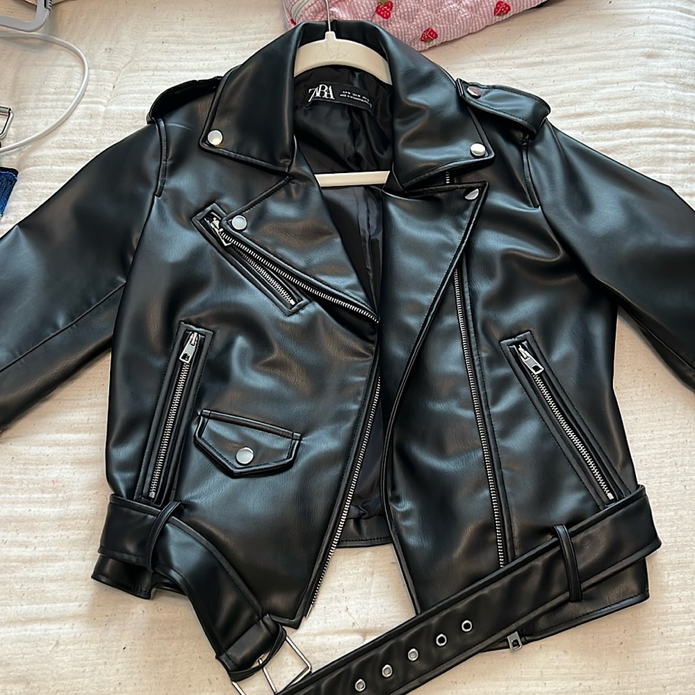 ZARA Black Faux Leather Crop Biker Jacket